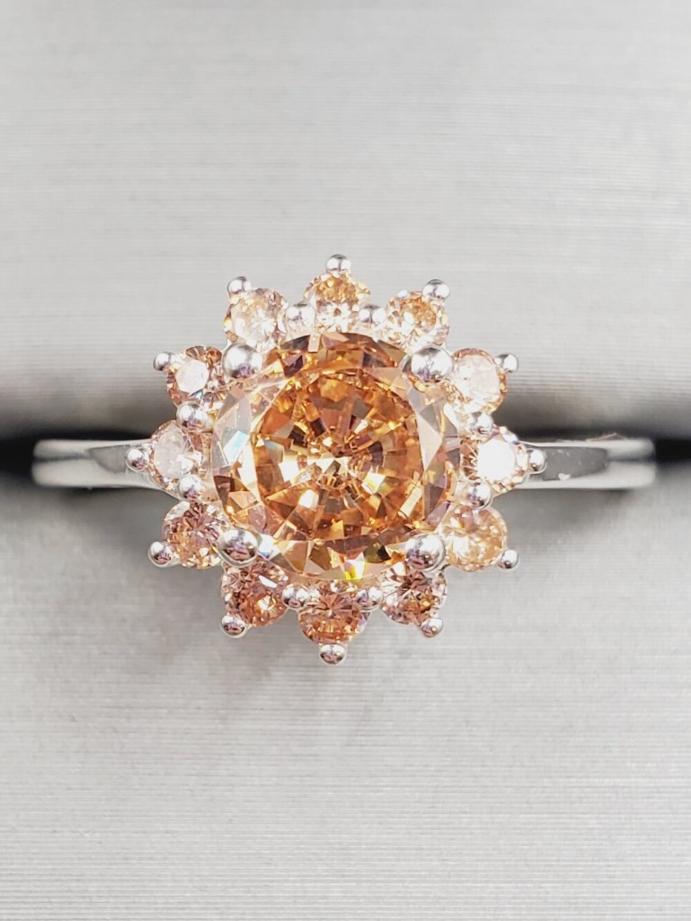 Champagne Halo Floral 925 Sterling Silver Ring - Women's Jewelry